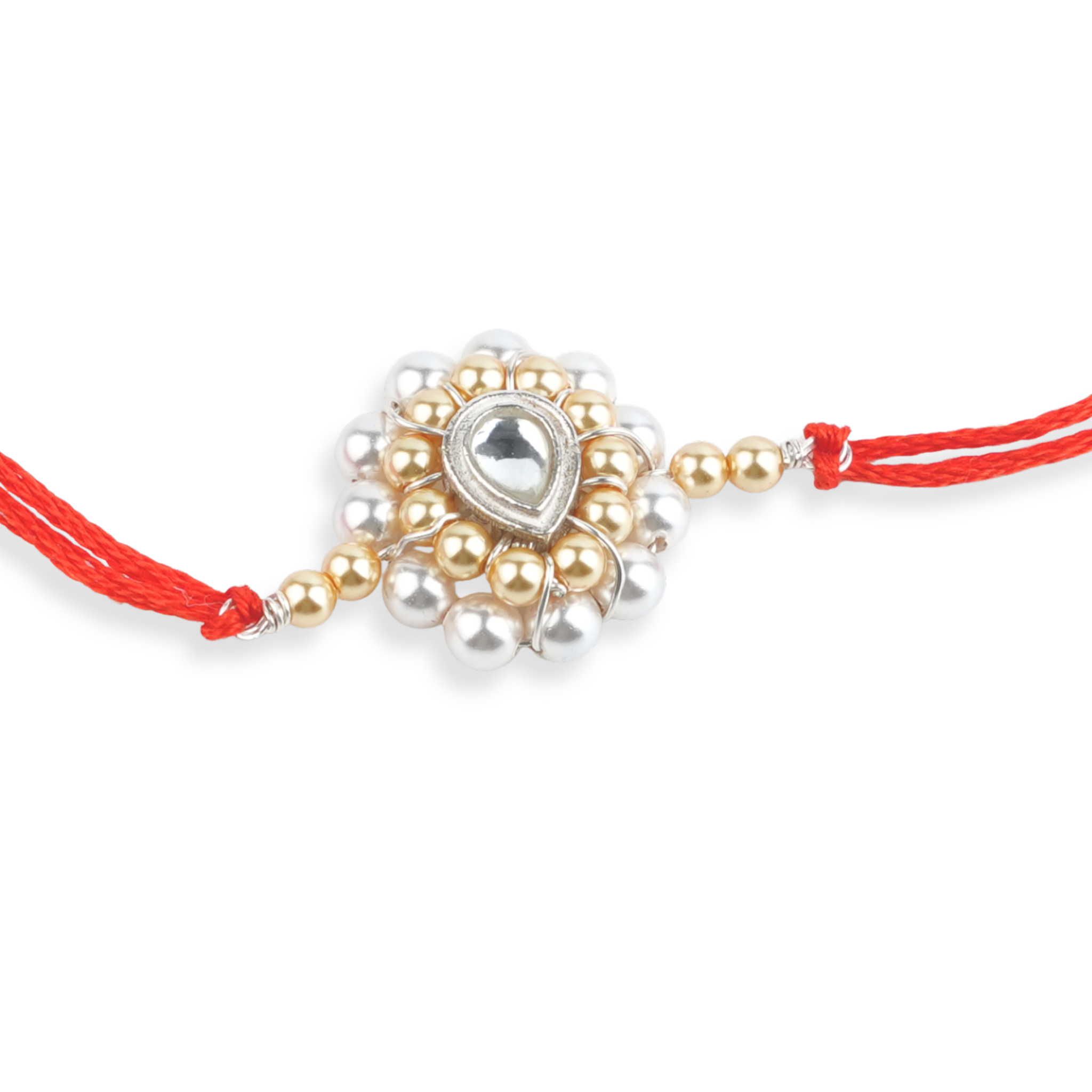 CZ Drop, Golden & White Pearl Handmade Silver Rakhi