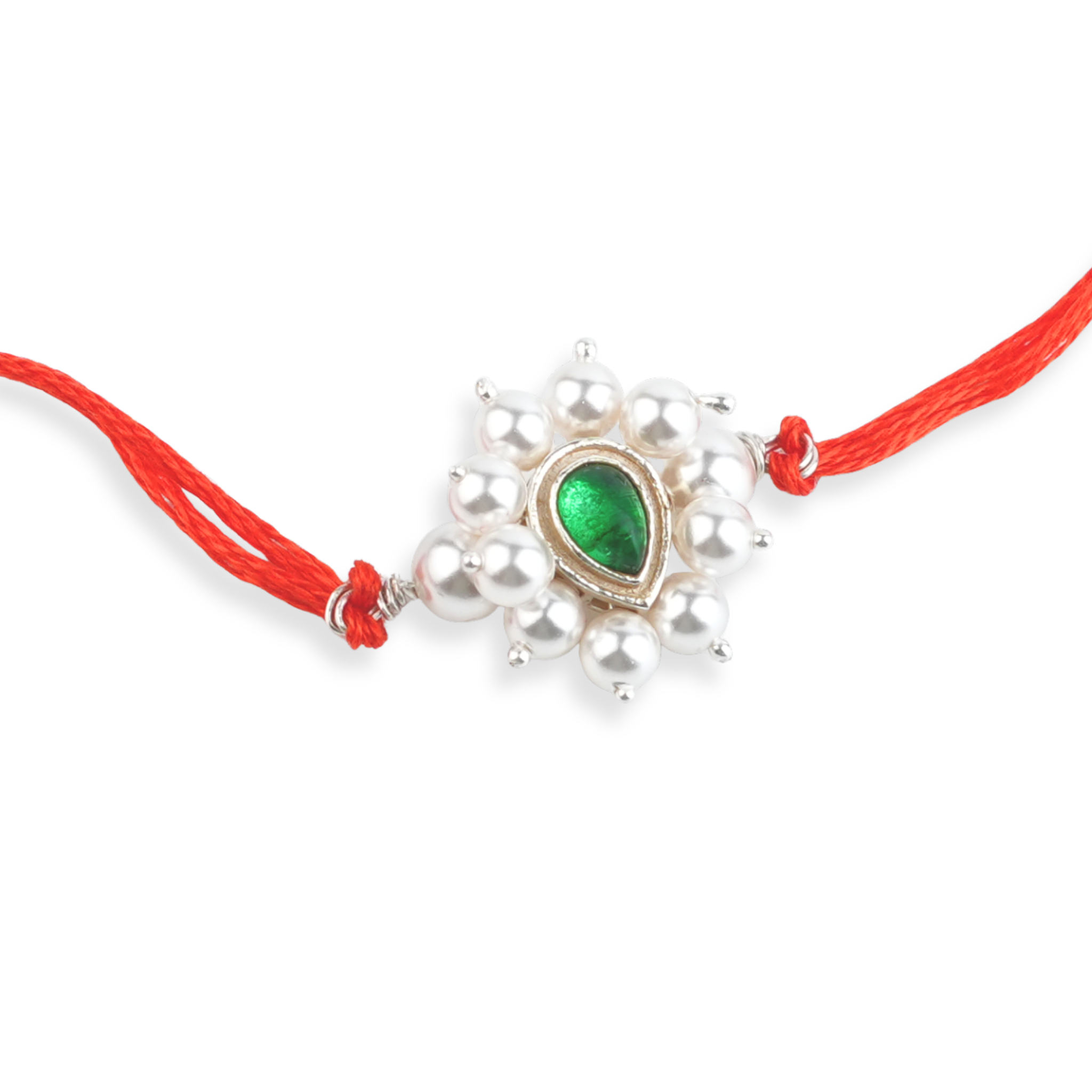 Green Drop & Pearl Handmade Silver Rakhi