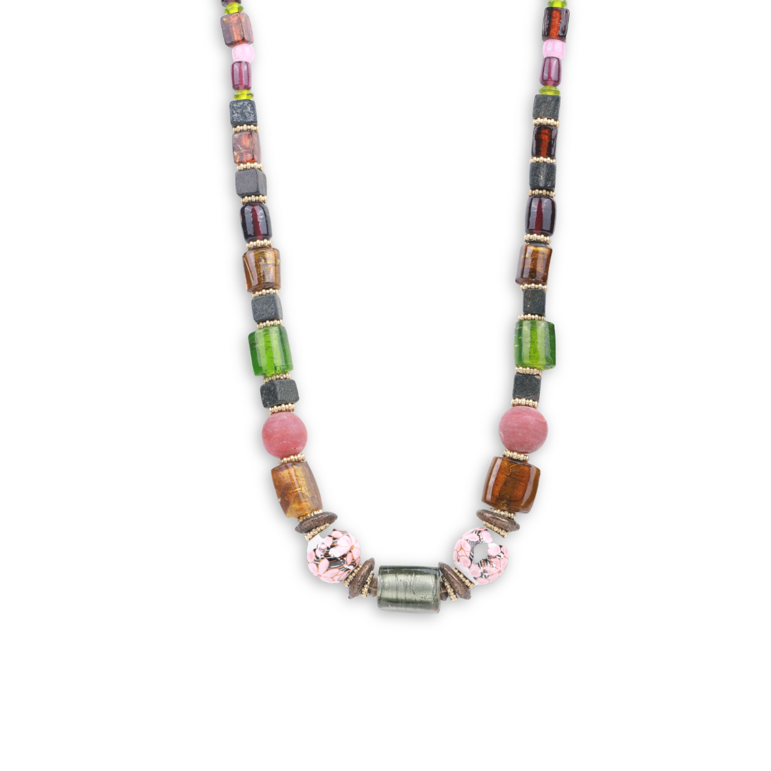Long Necklace with Glass, Metal & Silver Oil Glass Beads