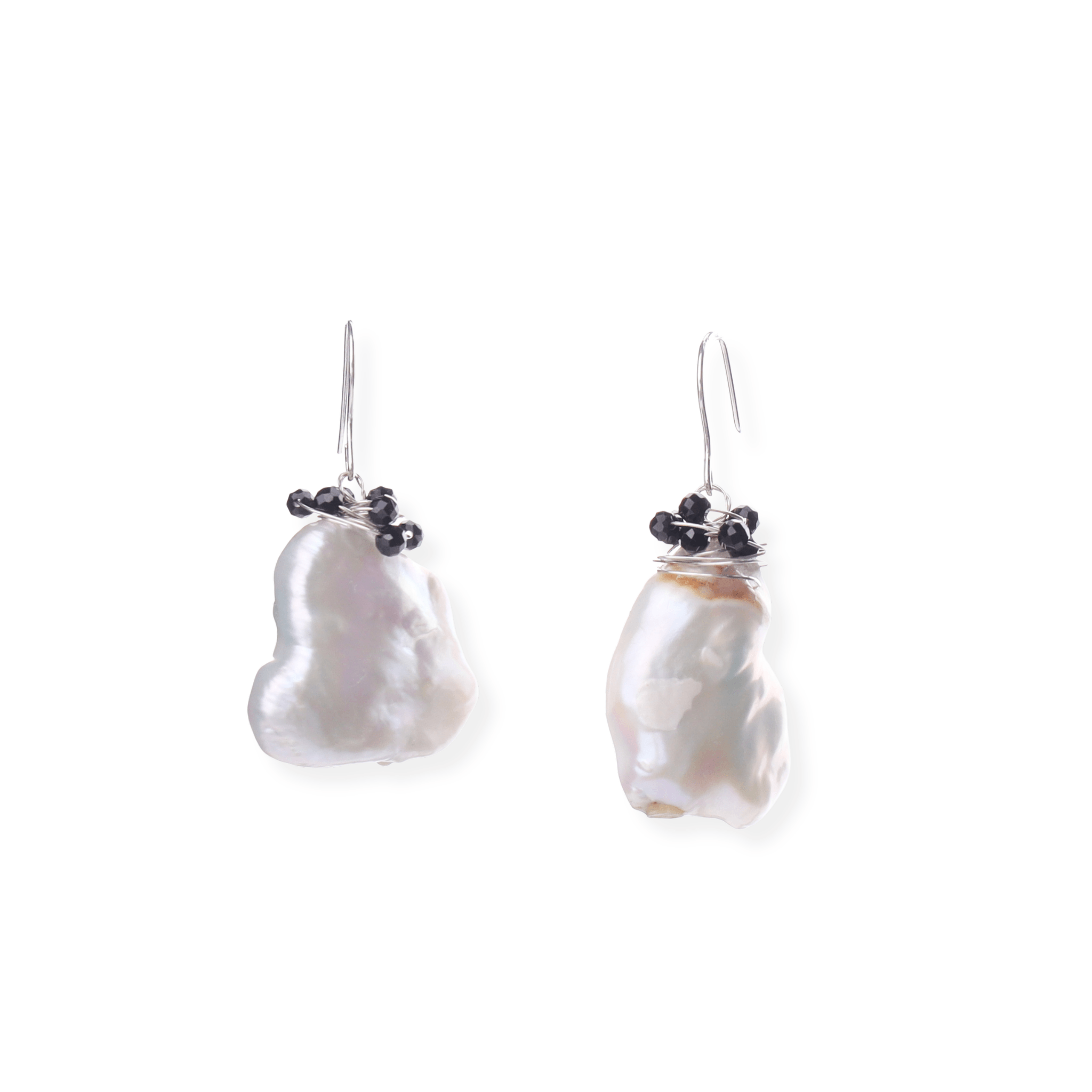 White baroque pearl and black spinel earrings with silver hooks