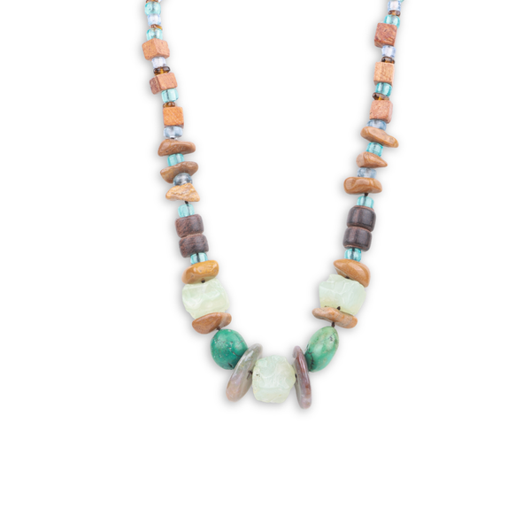 Necklace with Green Chalcedony, Camel Agate, Turquoise Wooden Beads & Glass Beads