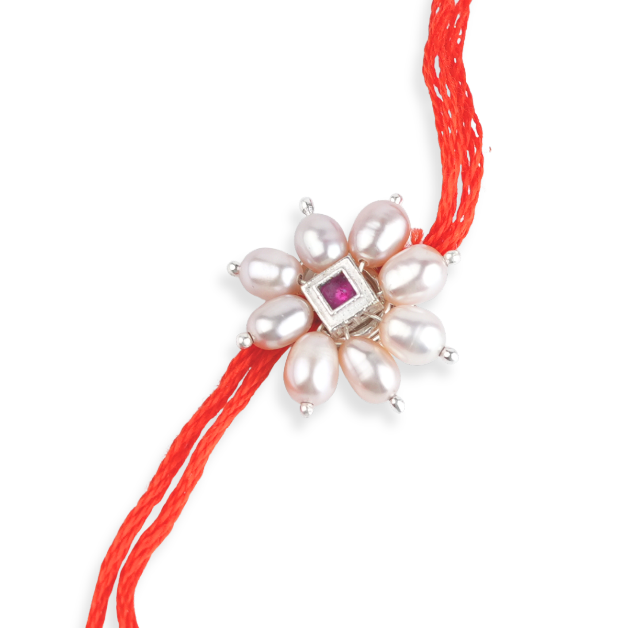 Pink Square & Pearl Handmade Silver Rakhi