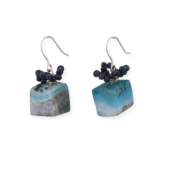 Blue Agate & Black Spinel Silver Earrings (Project Handmade)