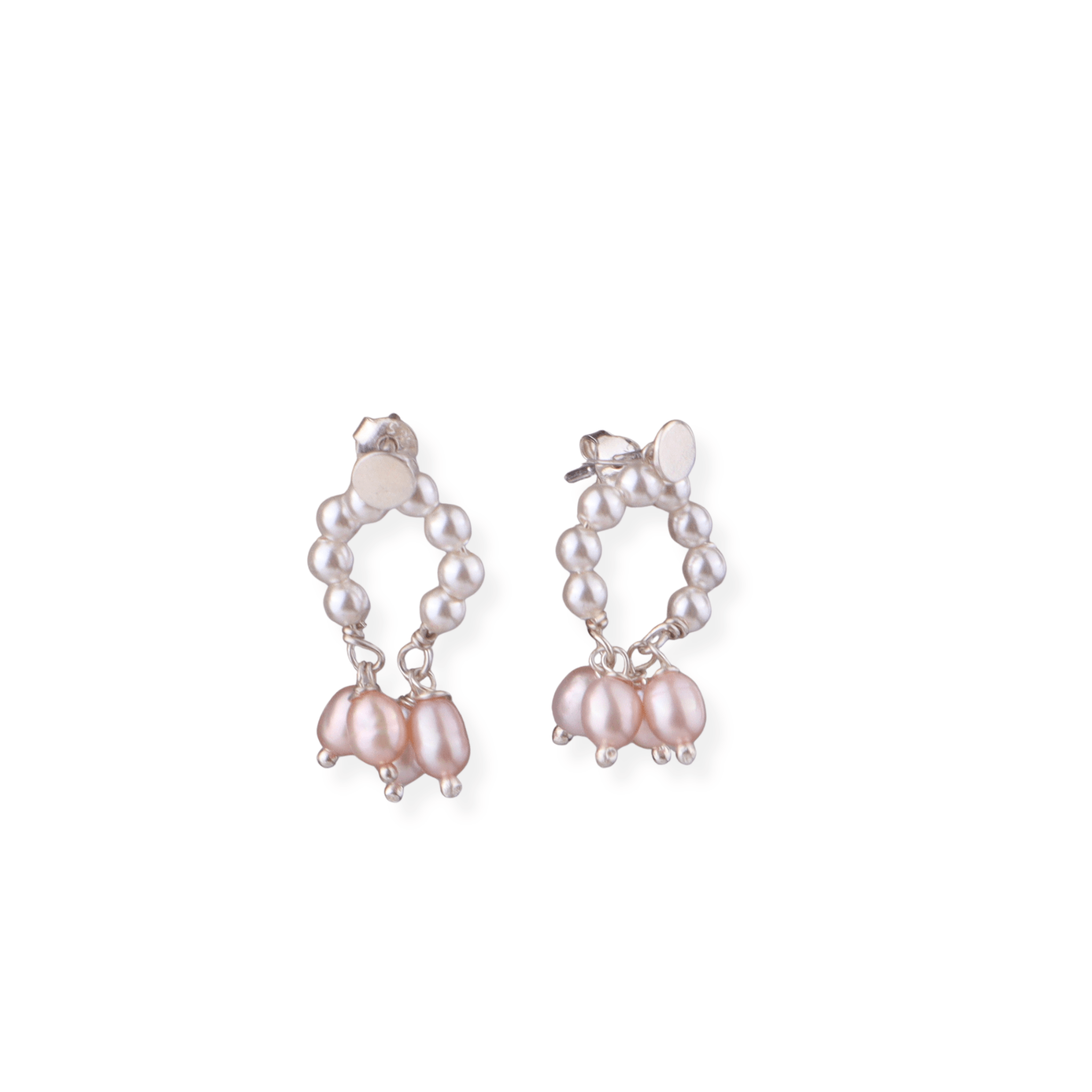 Pink rice pearl silver earrings with dangling pearls