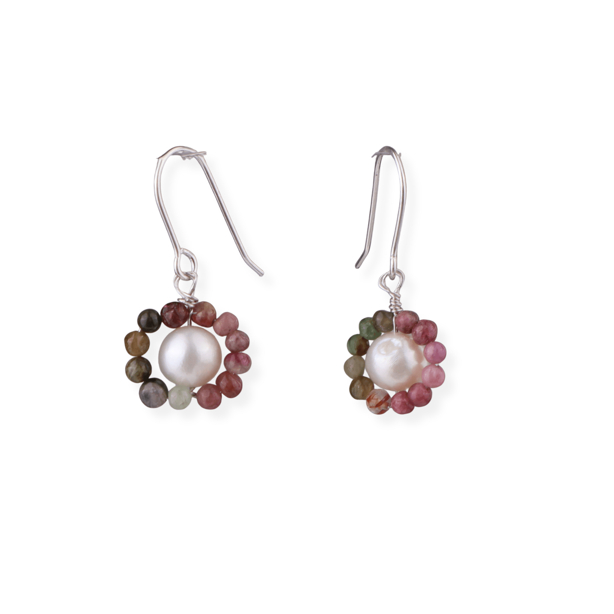 Silver earrings with pearl and multicolored beads
