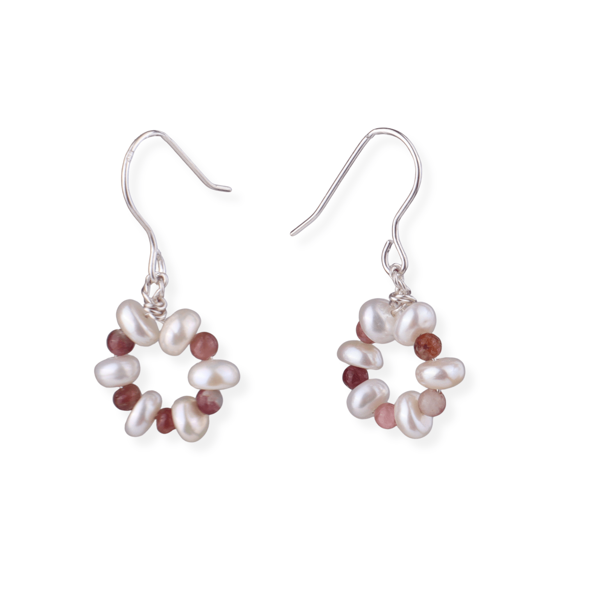 Pearl and red gemstone silver earrings