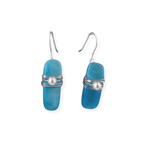 Blue Agate & Pearl Silver Earrings (Project Handmade)