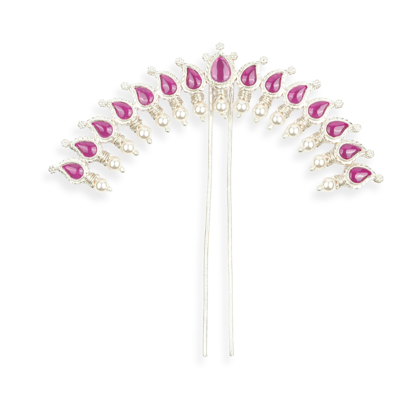 Silver Koyari Hairpin with Pink Stones & Pearls