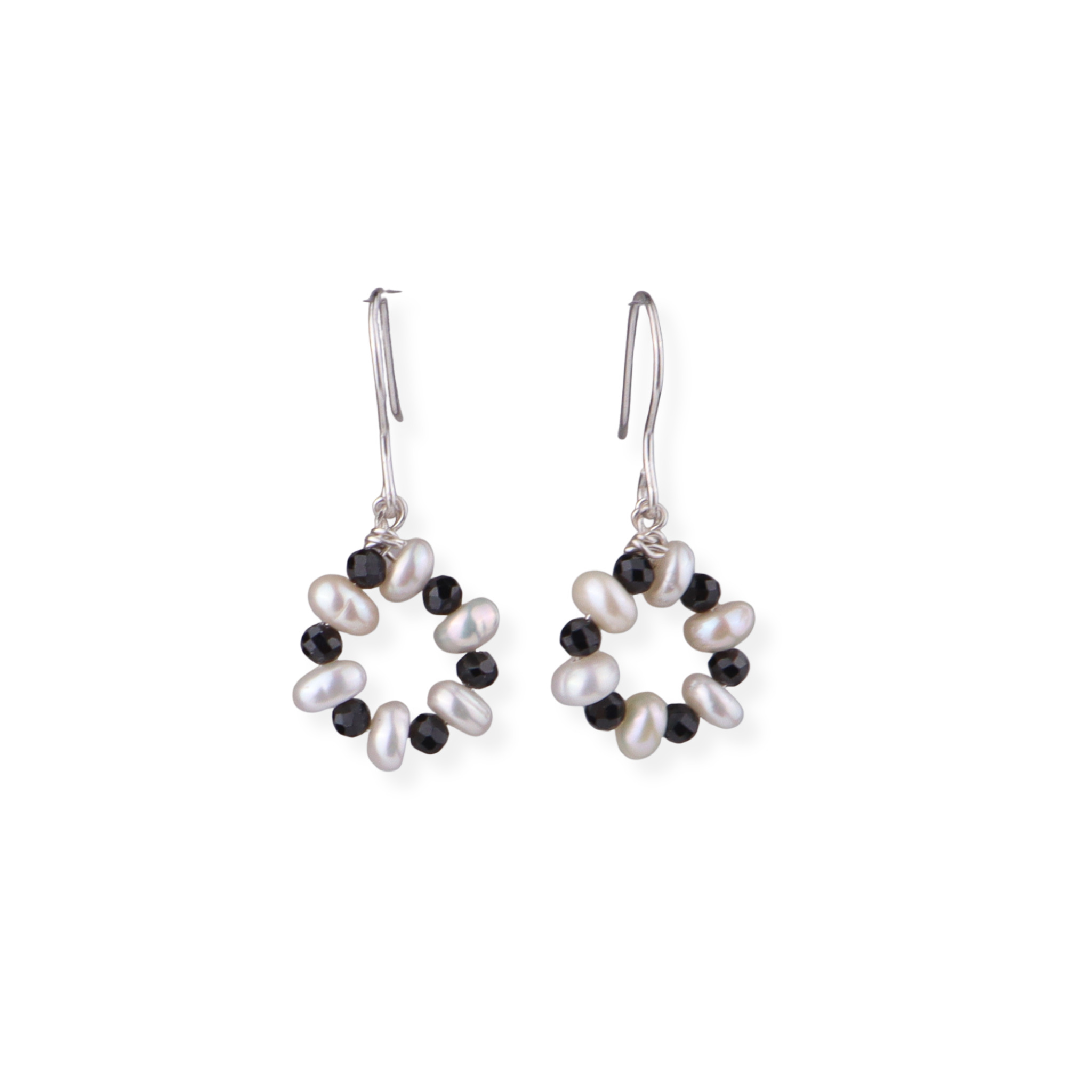 Black Spinel & Freshwater Pearl Silver Earrings (Project Handmade)
