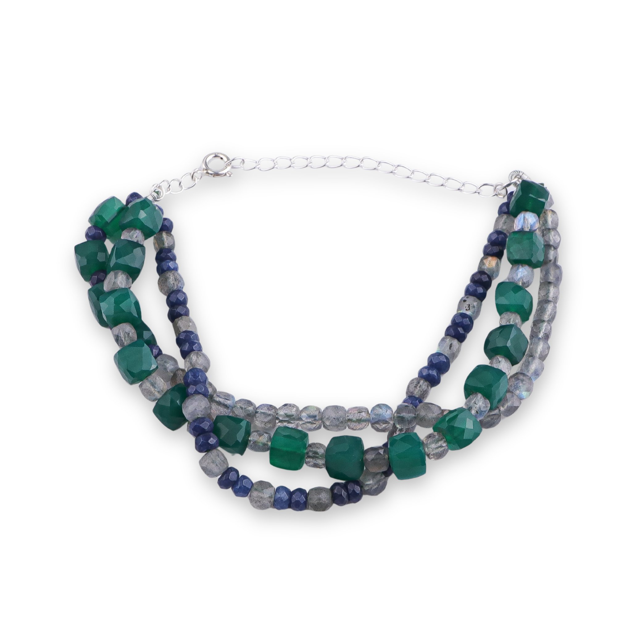 Green Onyx, Blue Jade & Labradorite Silver Bracelet (Project Handmade)