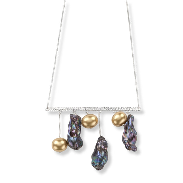 Abstract Pendant Necklace - Black Baroque Pearls and Golden Pearls (Project Handmade)