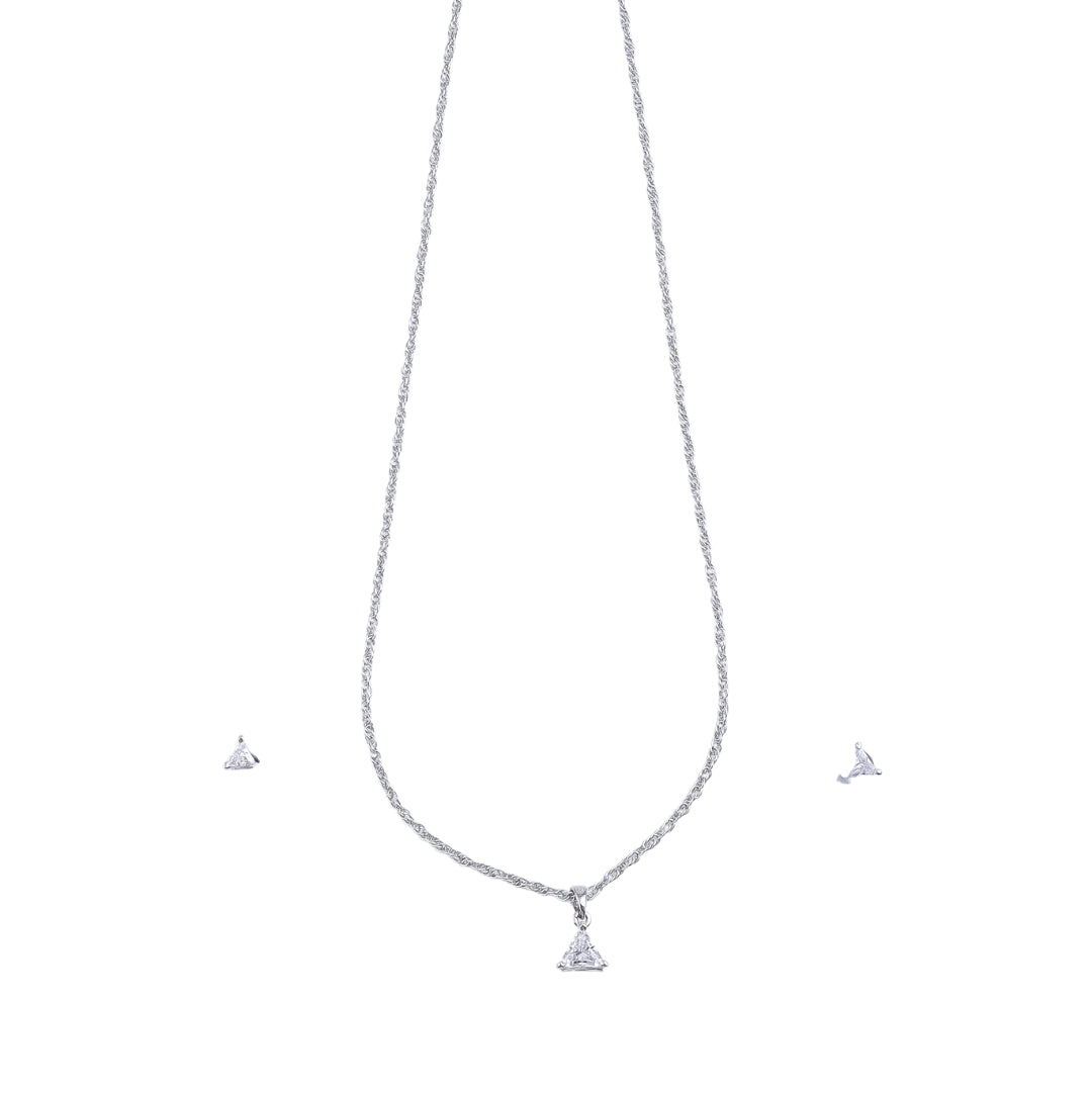 Silver CZ Triangle Pendant Earring Set