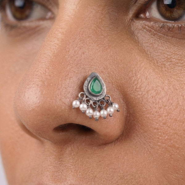 Oxidised Green Drop Pierced Nose Pin (Large)