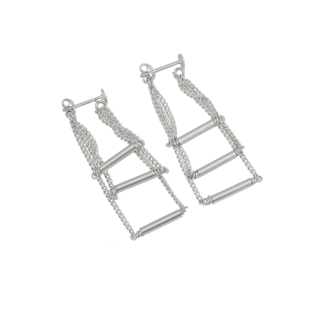 Silver Chain & Pipe Three Layers Earring