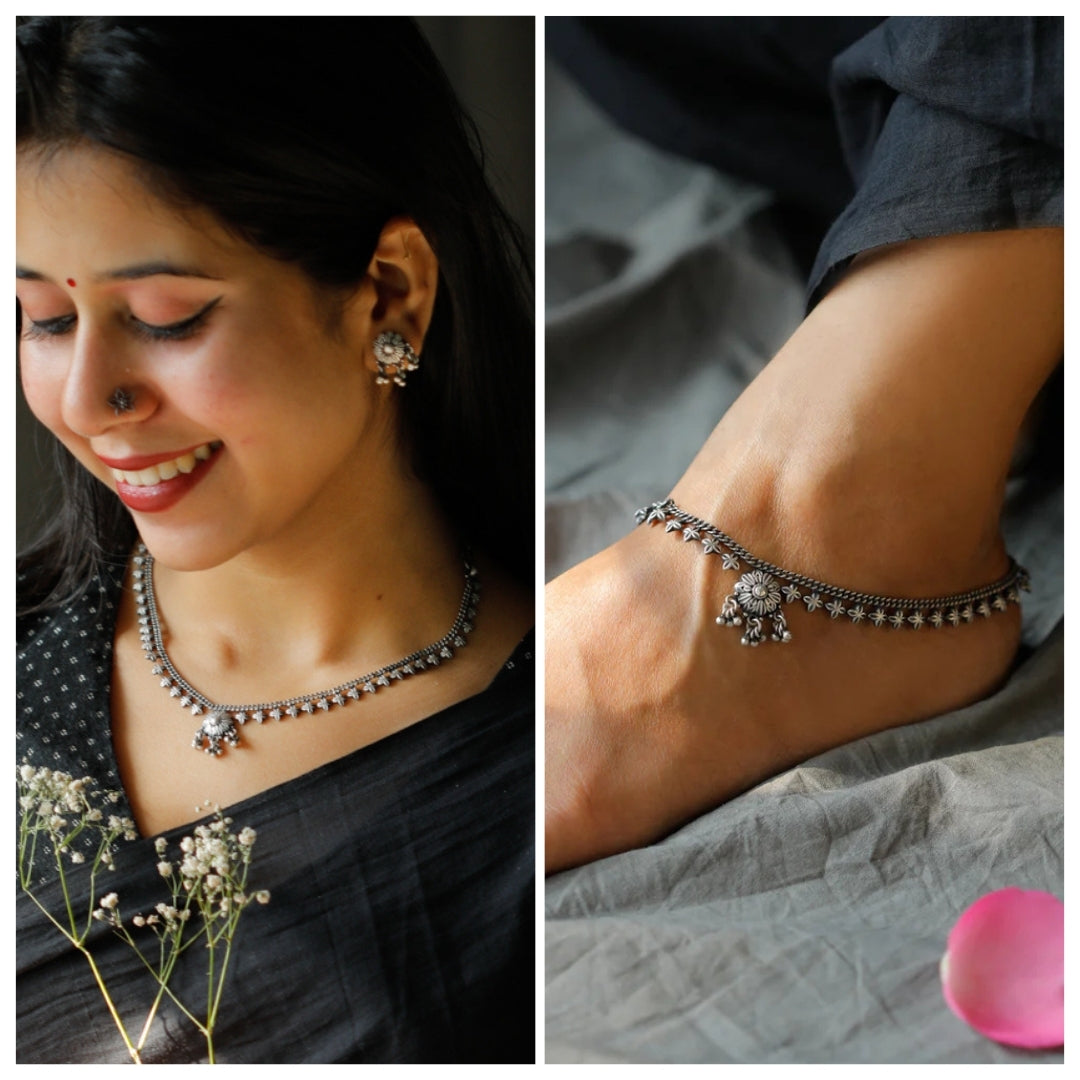 Flower Motif Delicate Silver Set Convertible Necklace and Anklet (with attachable chain)