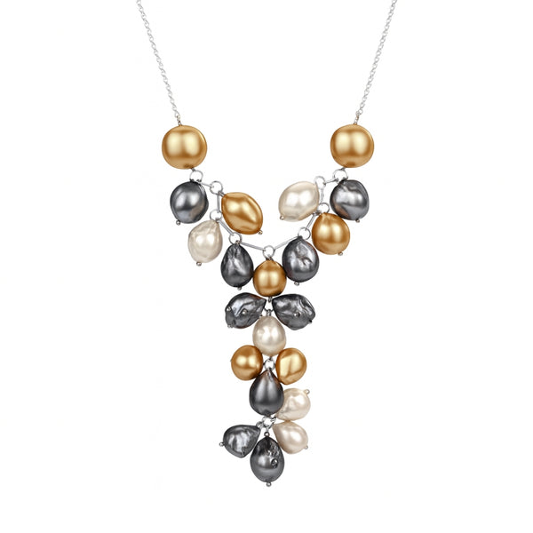 Necklace with baroque pearls in gold, grey, and blush tones on silver chain