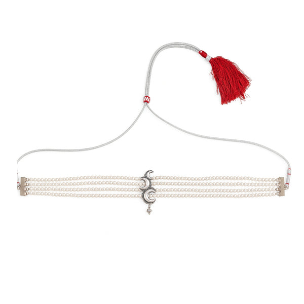 Front view of Chandrakor pearl choker necklace in 92.5 sterling silver with crescent motif and luminous pearls