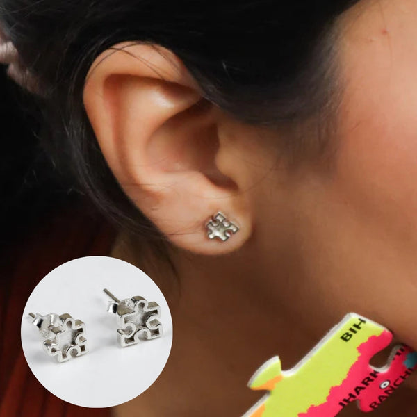 Silver puzzle piece earrings for women