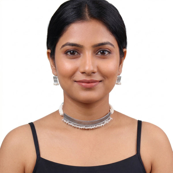 Wave Filigree Choker Set with Pearls