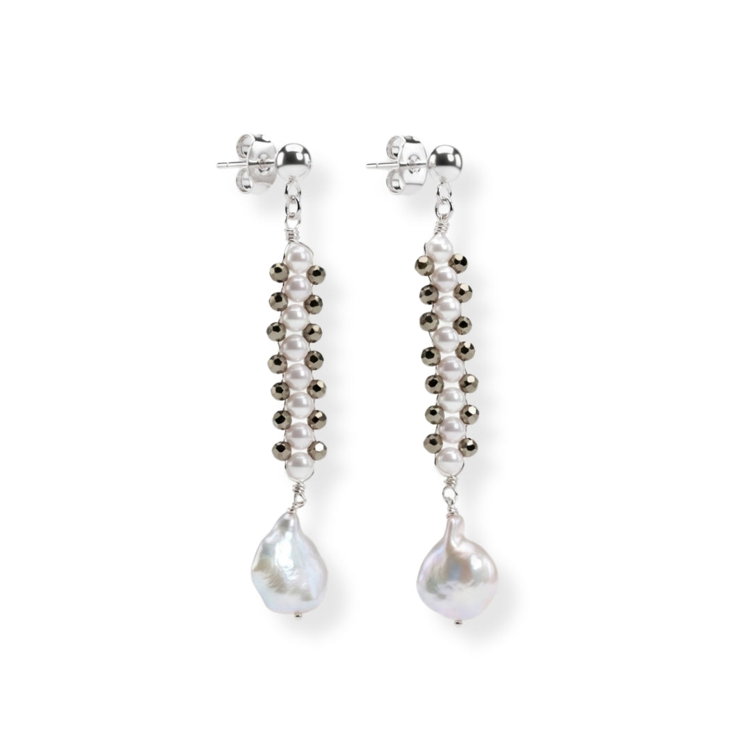 Pyrite & Pearl Silver Earrings (Project Handmade)