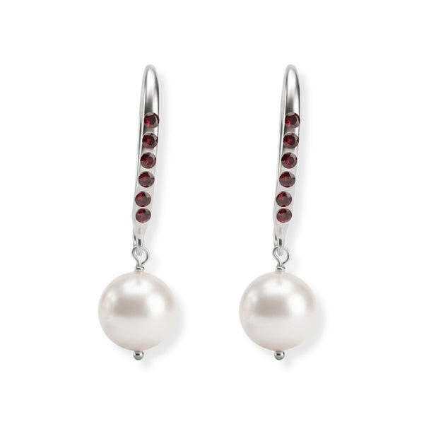 Silver Dangle Pearl Earrings with Red CZ Stones