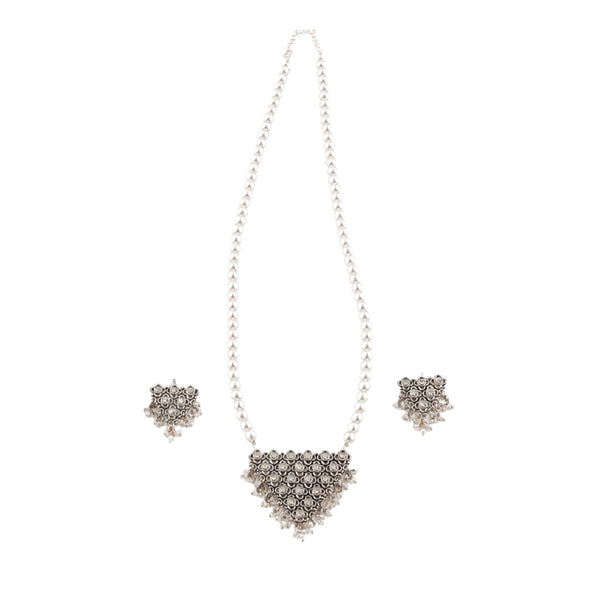 Silver Pyramid Pearl Necklace Set with Earrings