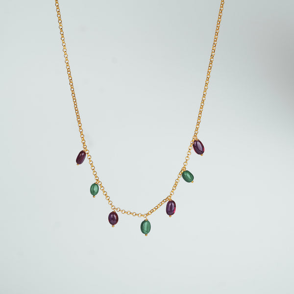Gold chain with red and green gemstone beads for jewelry category