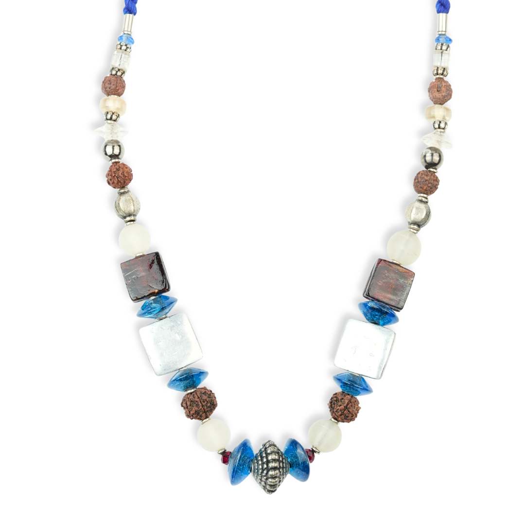 Silver Foil, Rudraksha and Glass Bead Necklace