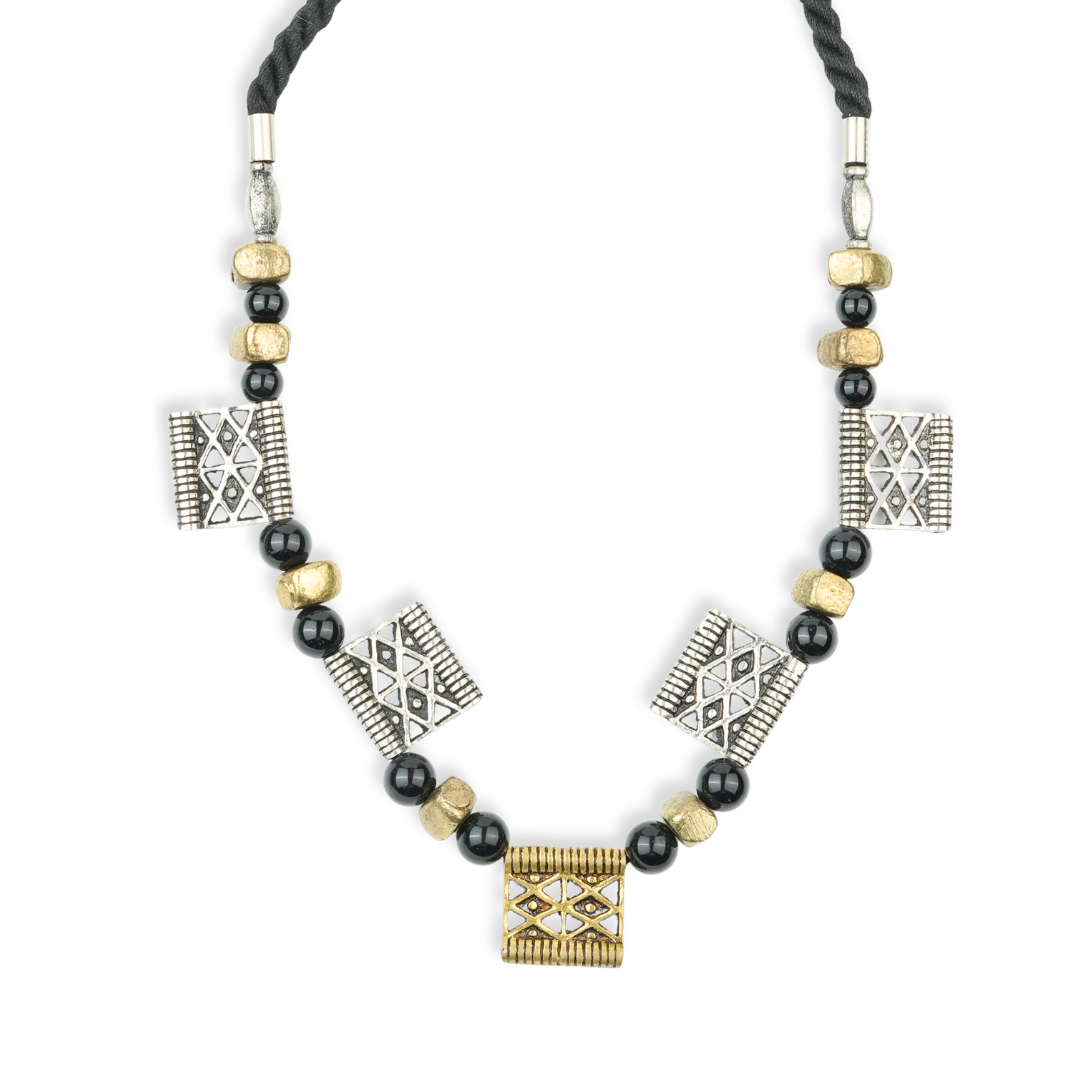 Copper Bead and Black Bead German Silver Necklace