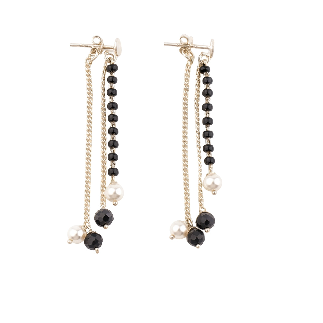 Silver Three Layer Chain Earring with Pearl and Black Spinel
