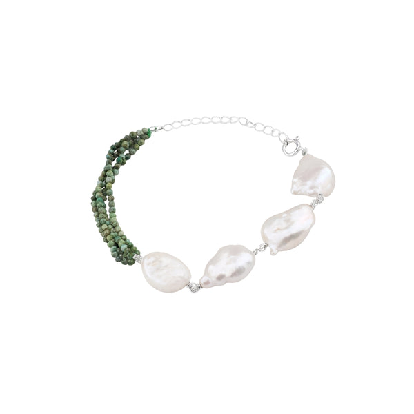 Firoza & Freshwater Pearls Half & Half Silver Bracelet front view