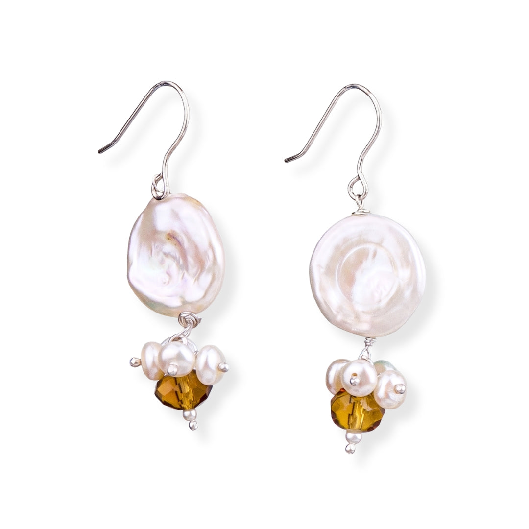 Coin Pearl & Yellow Agate Silver Earrings (Project Handmade)