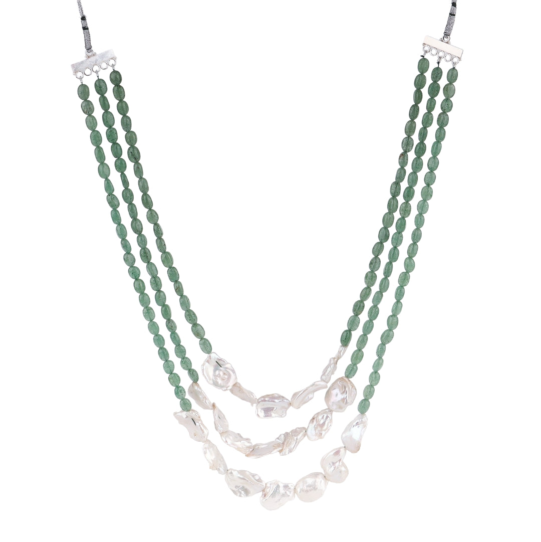 Luxe necklace with Russian green quartz and baroque pearls in 92.5 sterling silver