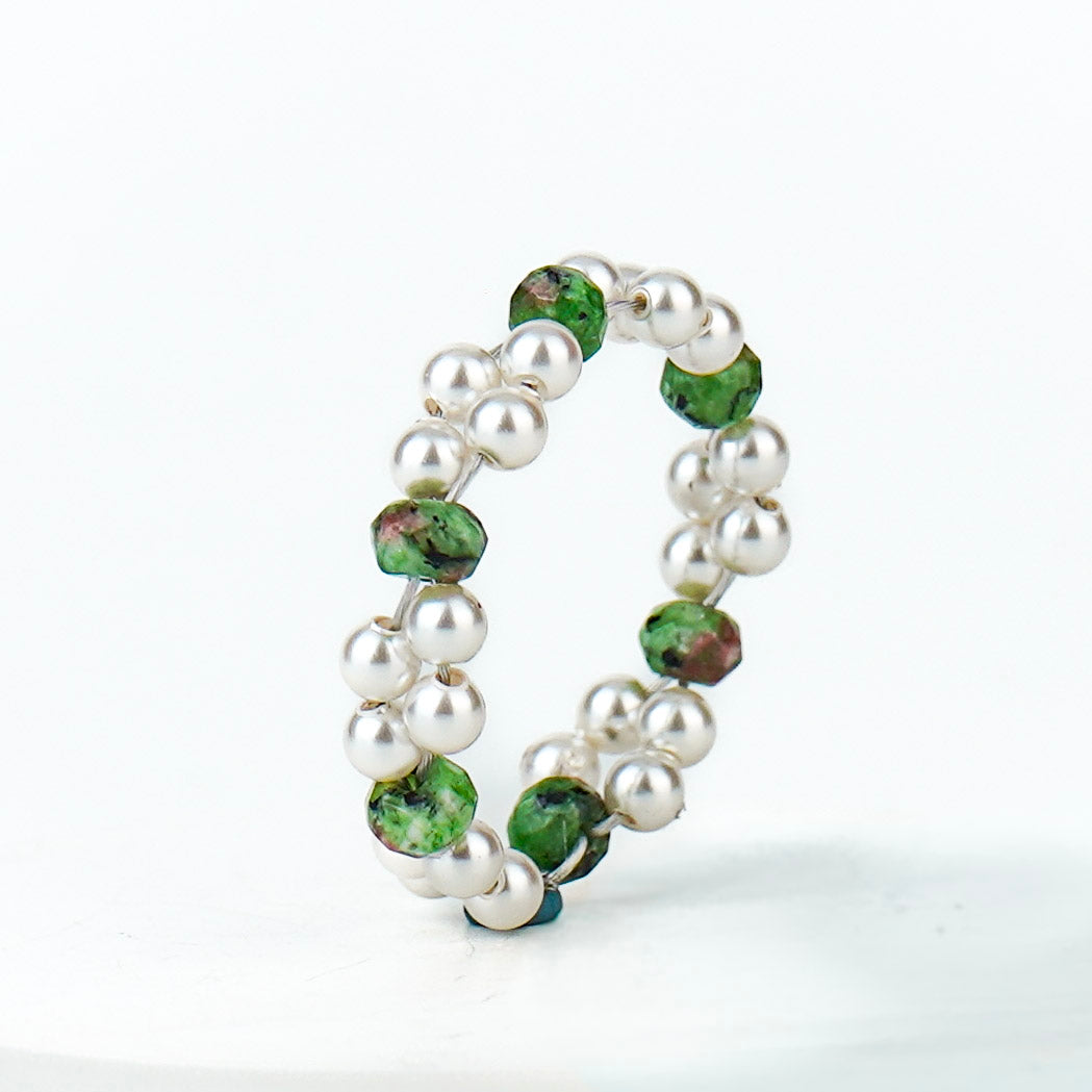 Unakite and Pearls Beaded Ring