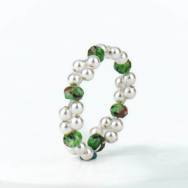 Unakite and Pearls Beaded Ring