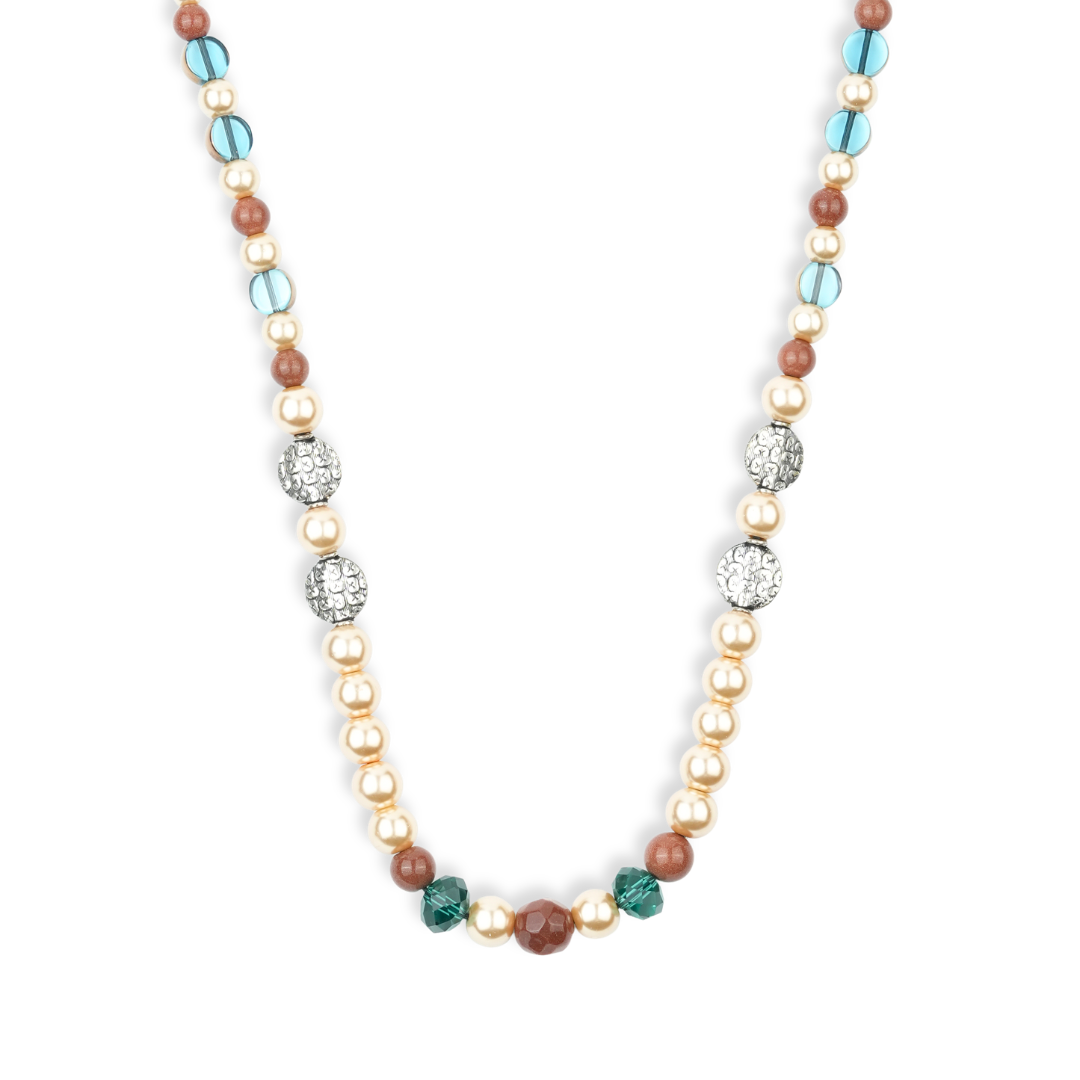 Silver Plated Copper Bead, Glass Bead and Pearl Necklace