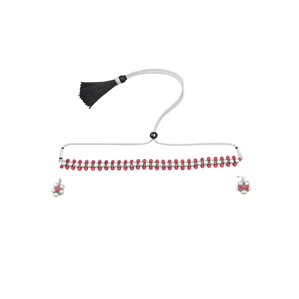 Silver Bead Thushi Set with Cherry Quartz front view