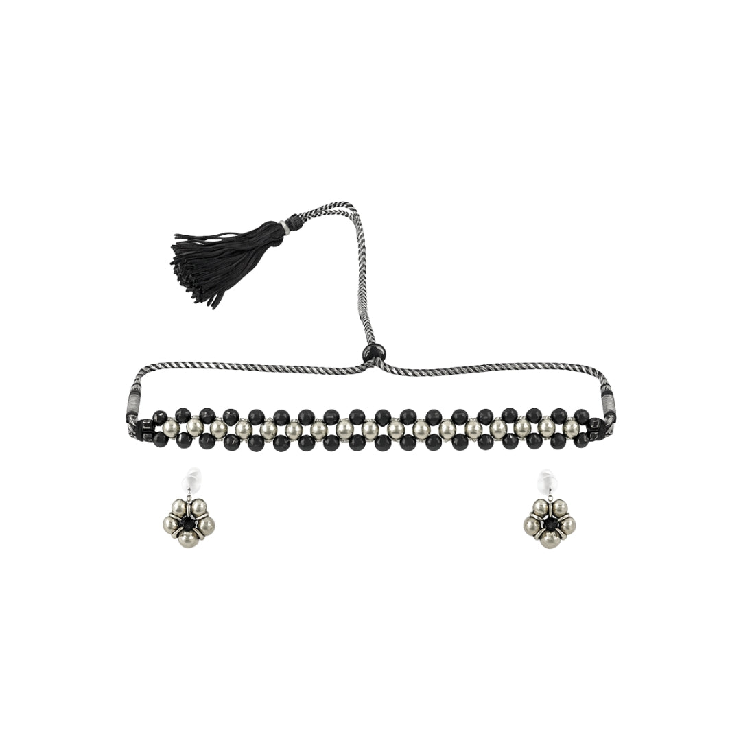 Silver Bead Thushi Set with black Spinel