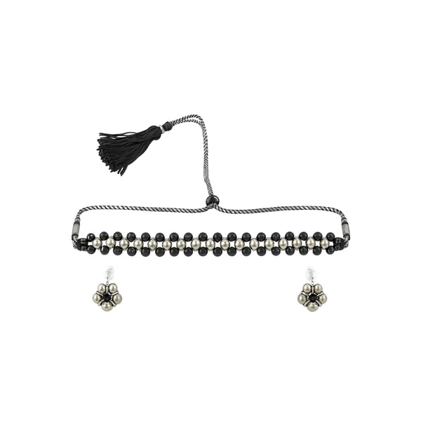 Silver Bead Thushi Set with Black Spinel front view