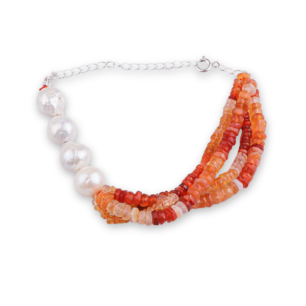Natural Orange Opal & Baroque Pearl Silver Bracelet (Project Handmade)