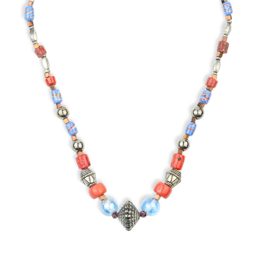Silver Plated Copper Bead, Coral and Multicolour Bead Necklace