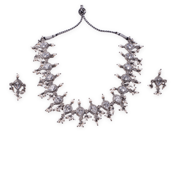 Oxidized Silver Kudi Tanmani Laffa Choker with crystal accents and pearl drops