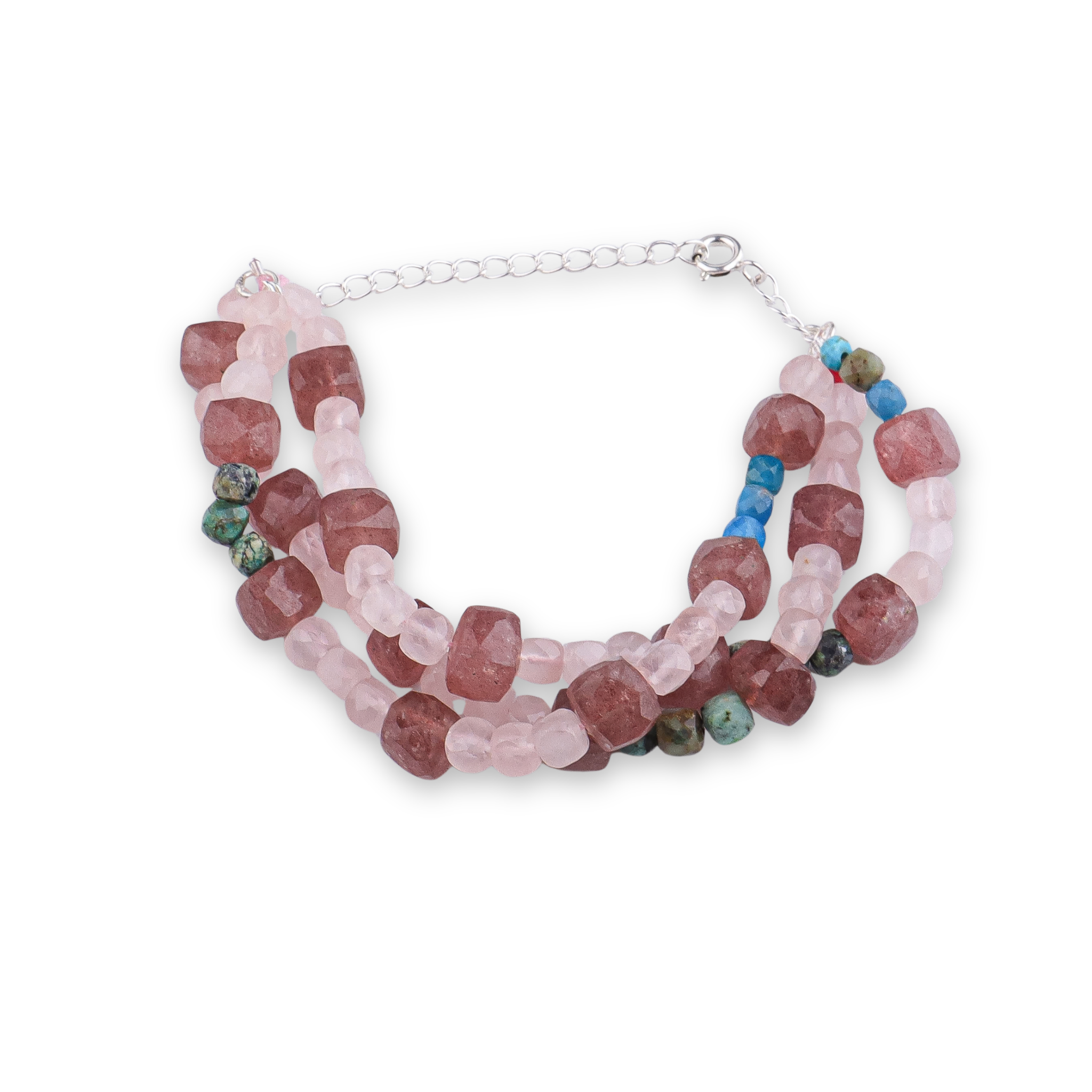 Strawberry Quartz, Rose Quartz & Firoza Silver Bracelet (Project Handmade)