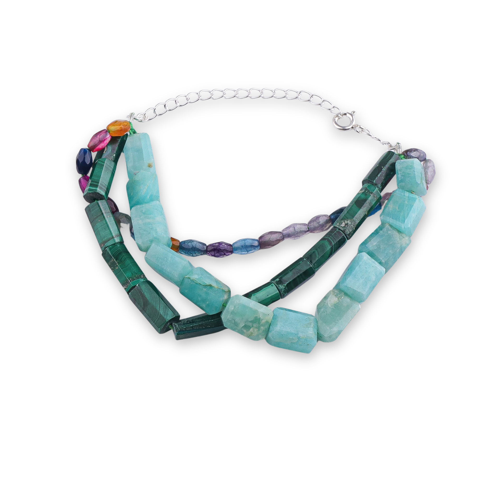 Malachite, Multicolor Agate & Amazonite Silver Bracelet (Project Handmade)