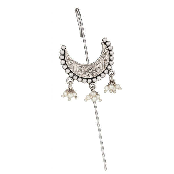 Sterling silver moon-shaped earring with floral engraving and pearl dangles