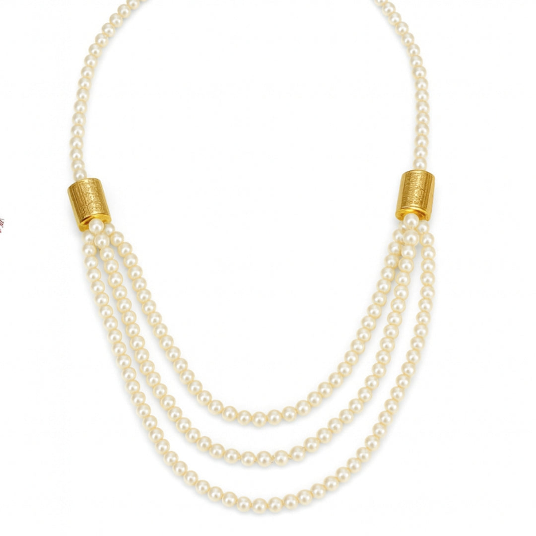 3 Layer Necklace with Carved Bead and Pearls