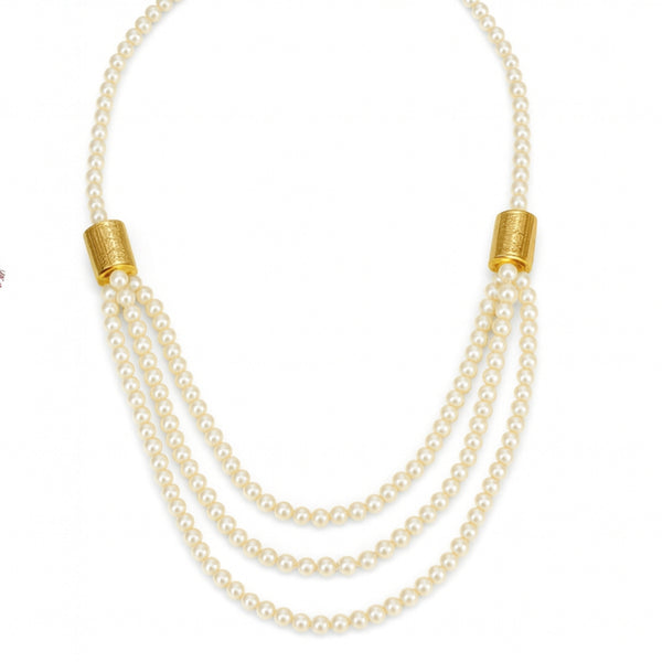 3 Layer Necklace with Carved Bead and Pearls front view in silver