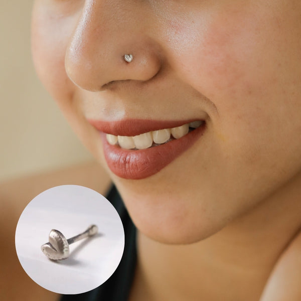 Tiny heart silver nose pin detailing