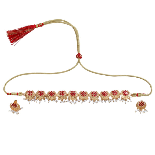 Gold and red floral choker set with pearl accents