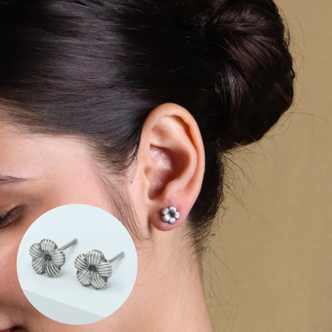 Silver Textured Flower Stud